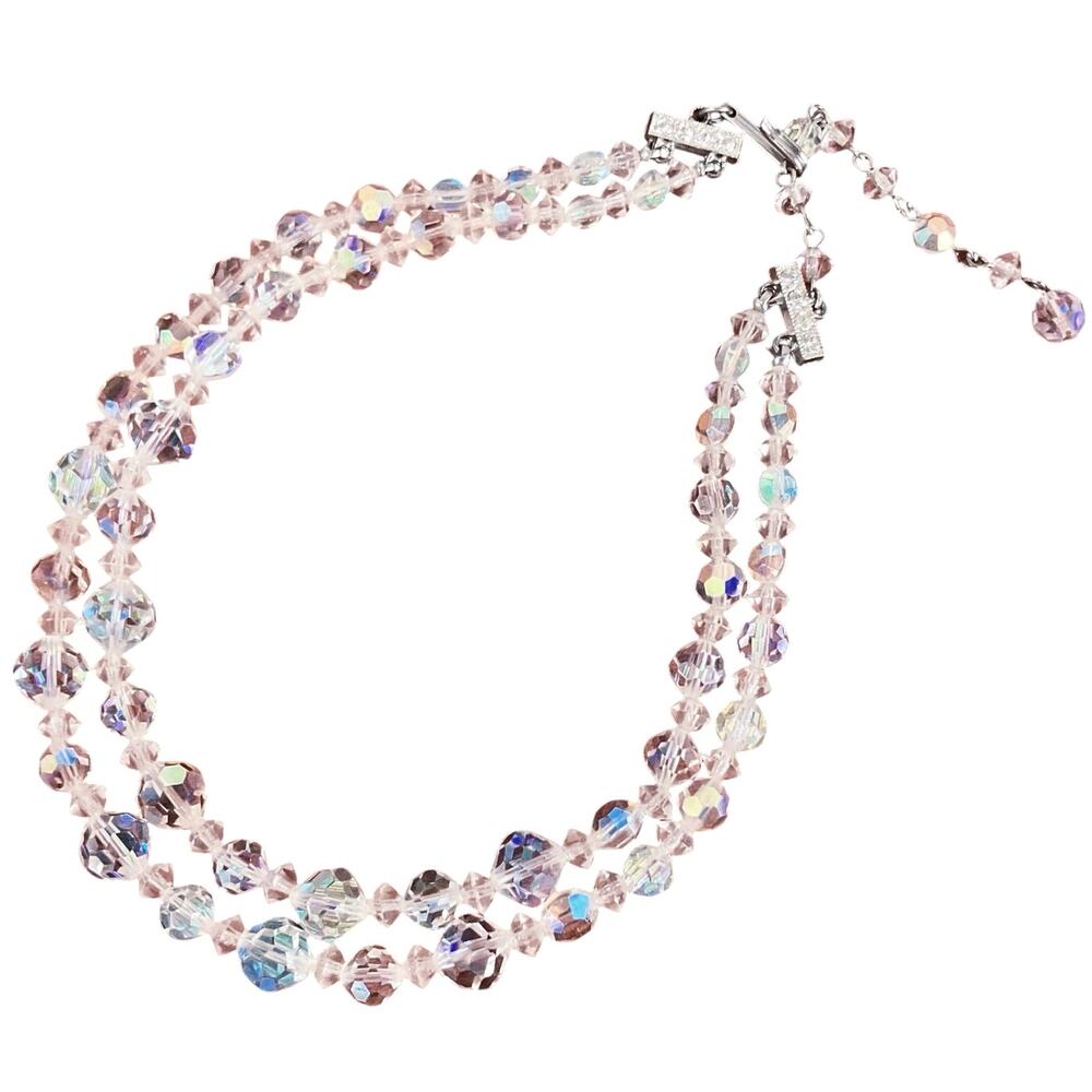 VTG 1950-60s Necklace AB Crystal Graduated Bead Double Strand Choker Layered MCM